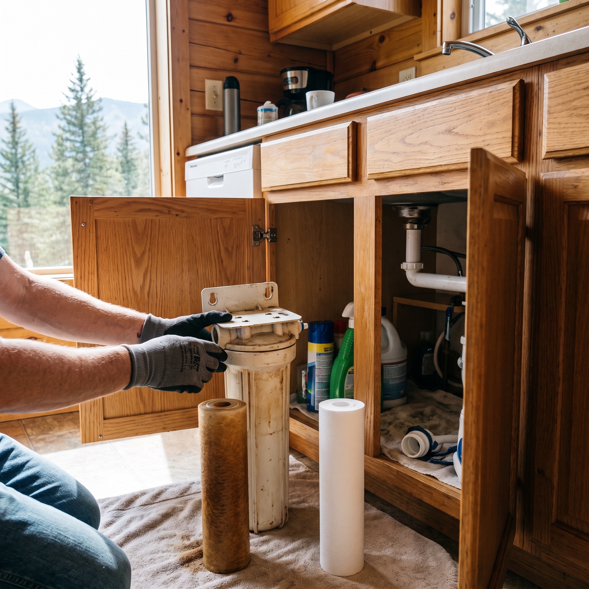 Water treatment technician swapping an under-sink filter cartridge in a Colorado kitchen cabinet