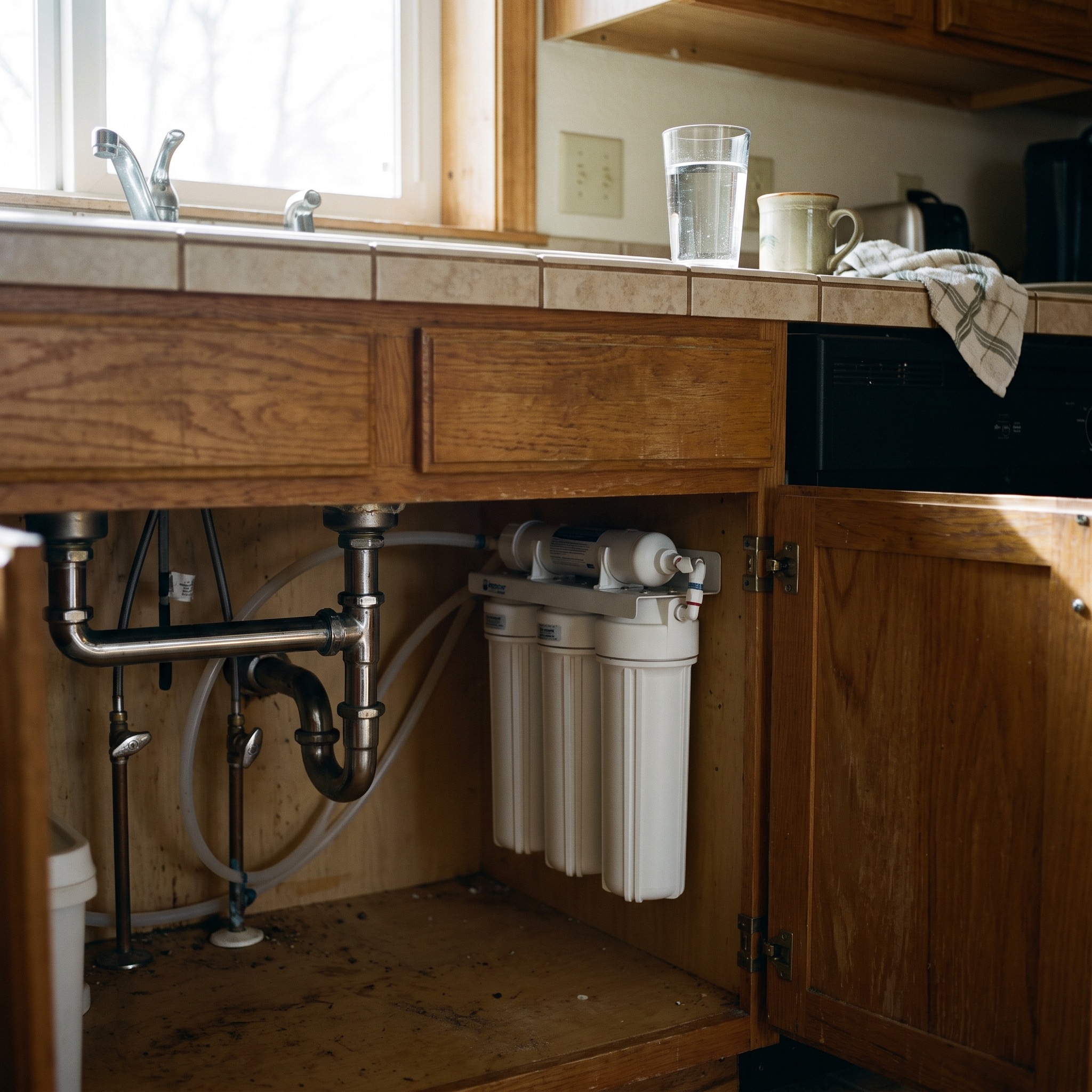 Under-sink water filter system installed in a Colorado kitchen cabinet