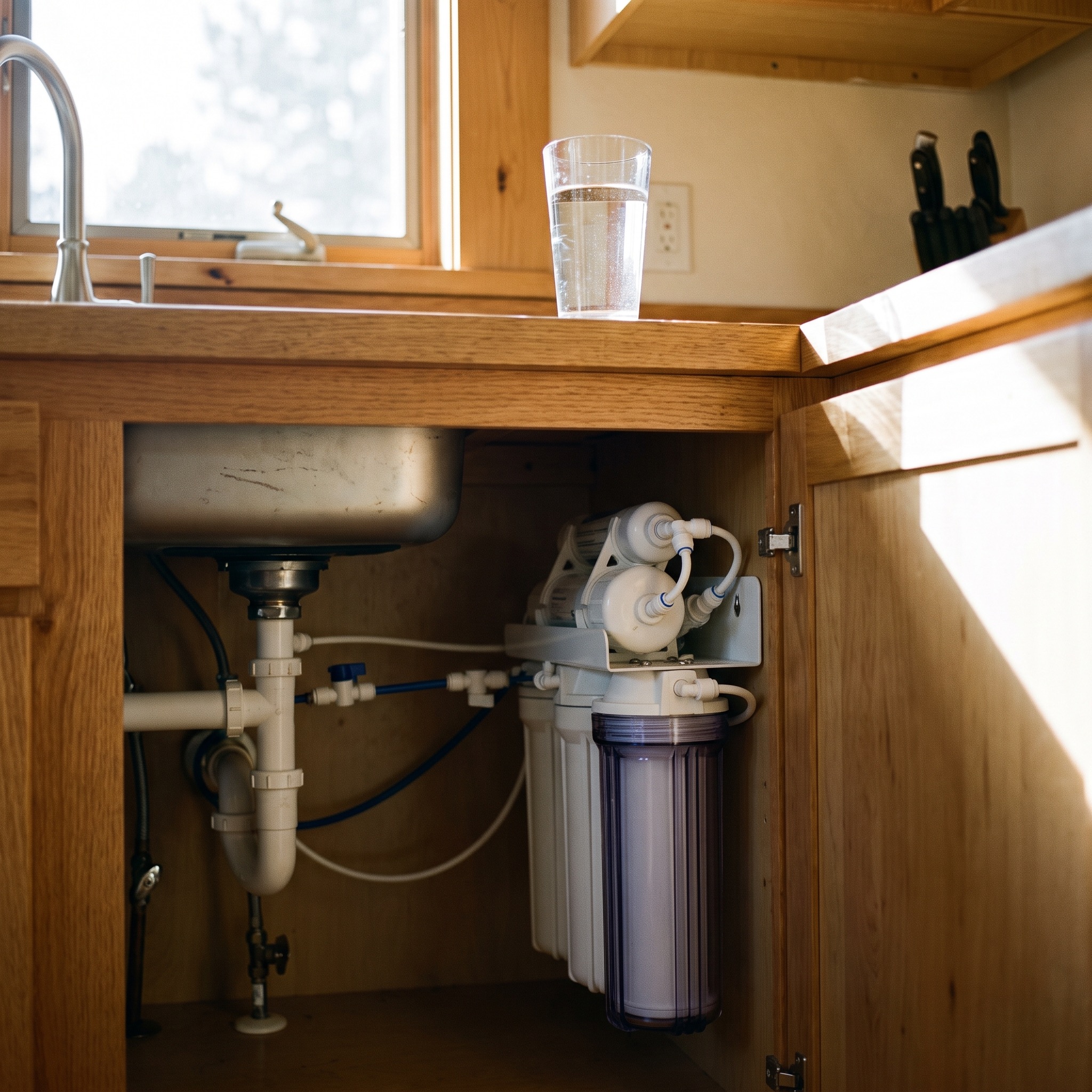 Under Sink Water Filters in Colorado Under-sink water filter system installed in a Colorado kitchen with clear water on the counter
