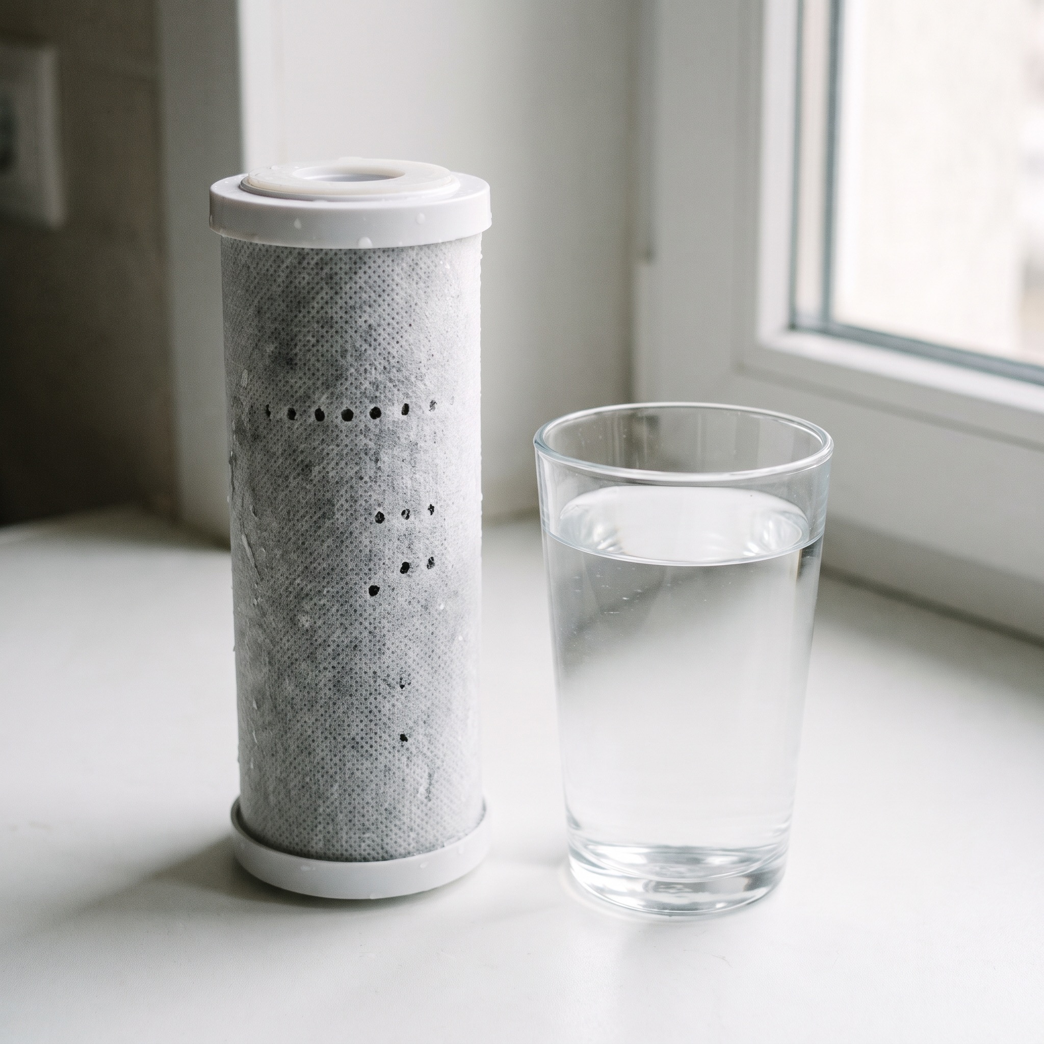 Activated carbon water filter cartridge next to a glass of crystal clear water