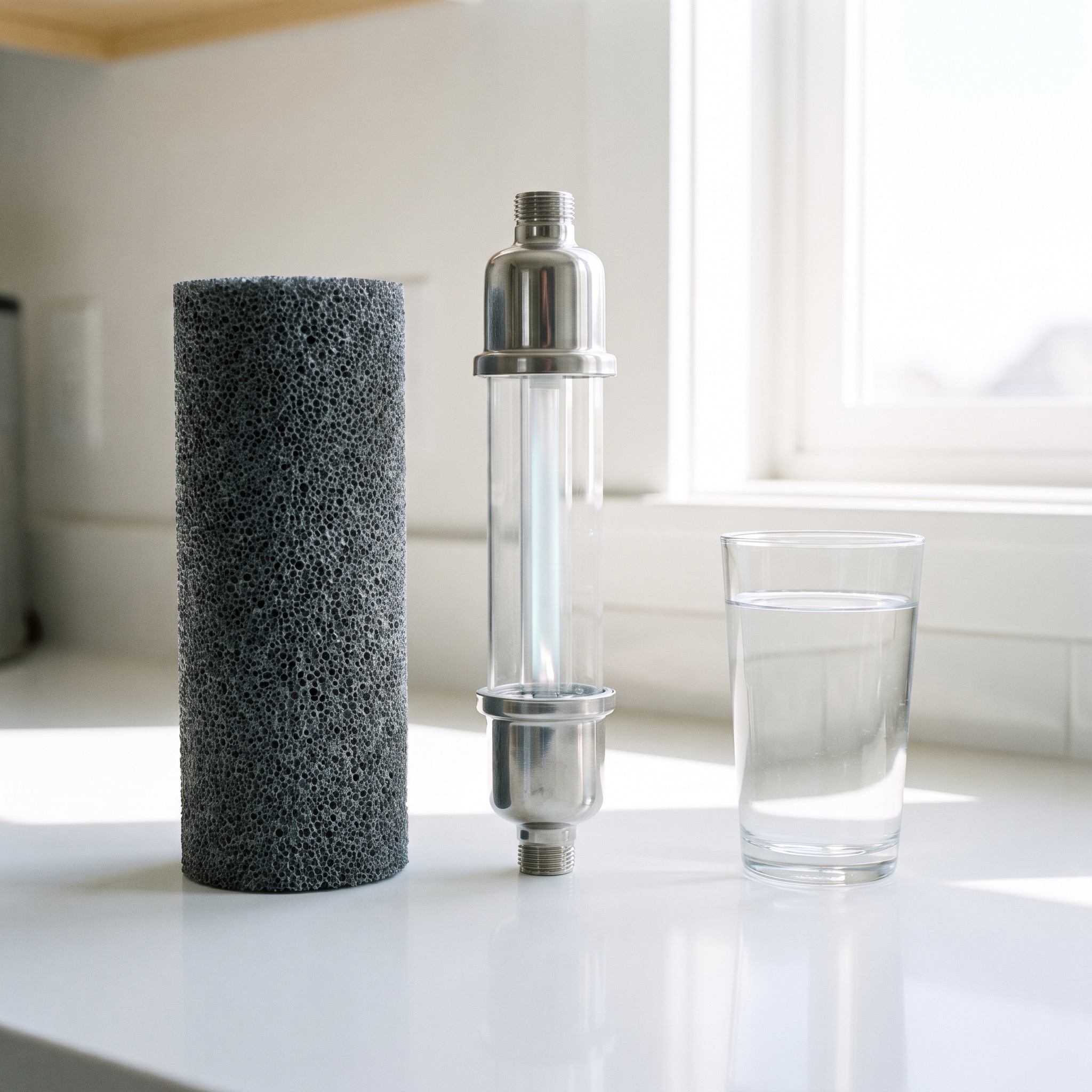 Water filtration components on a counter — carbon filter, UV unit, and a glass of clear water