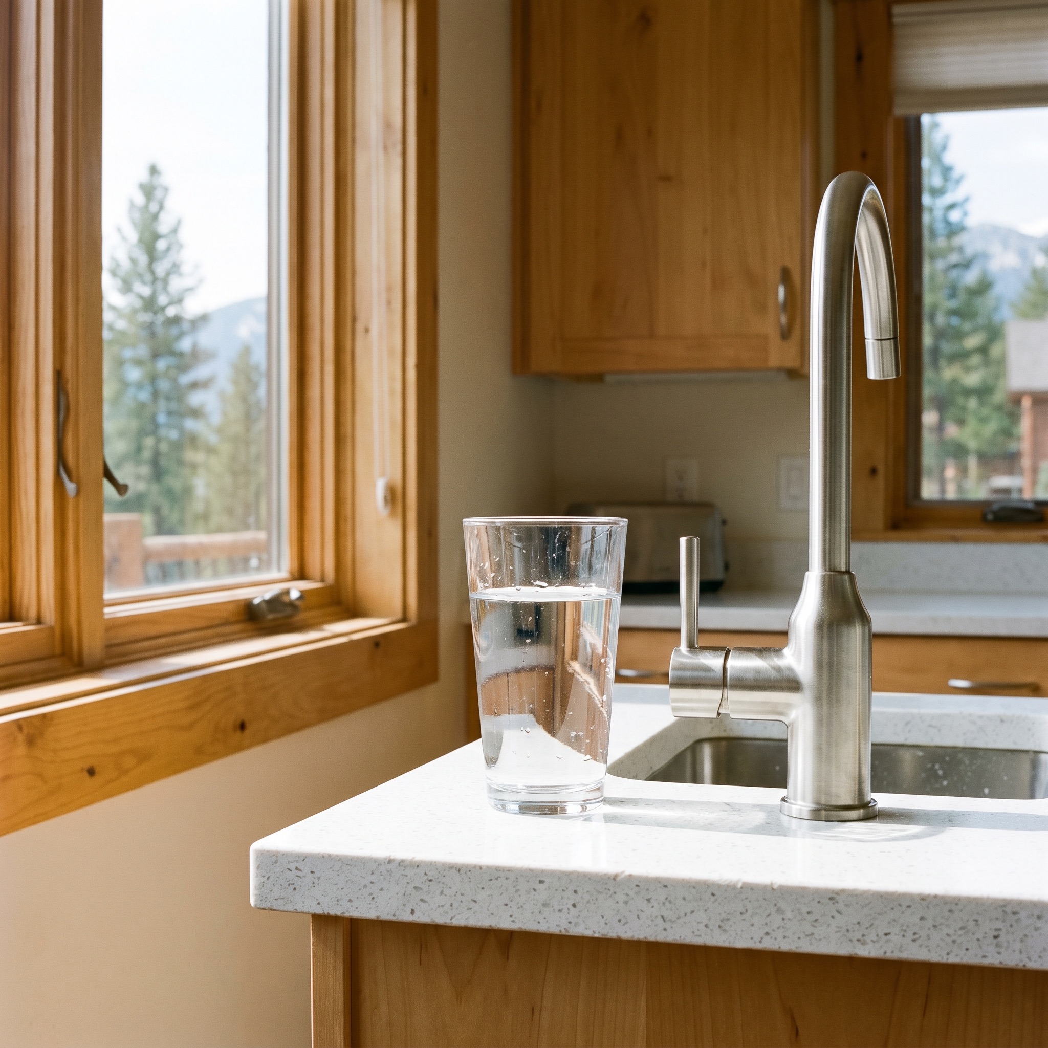 Glass of crystal clear water on a kitchen counter next to a water filtration faucet