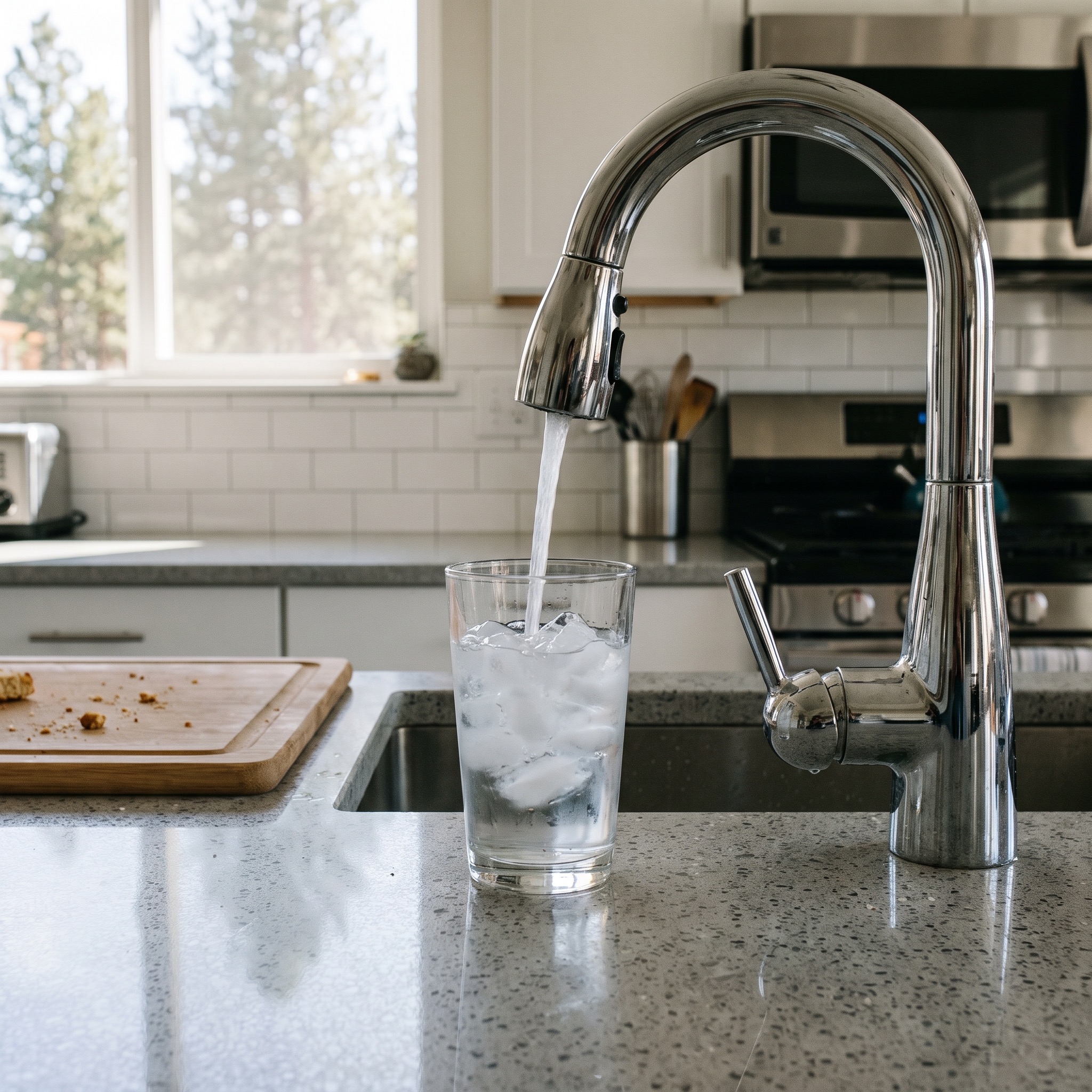 Water purification system filling a glass with crystal clear water at a Colorado kitchen tap