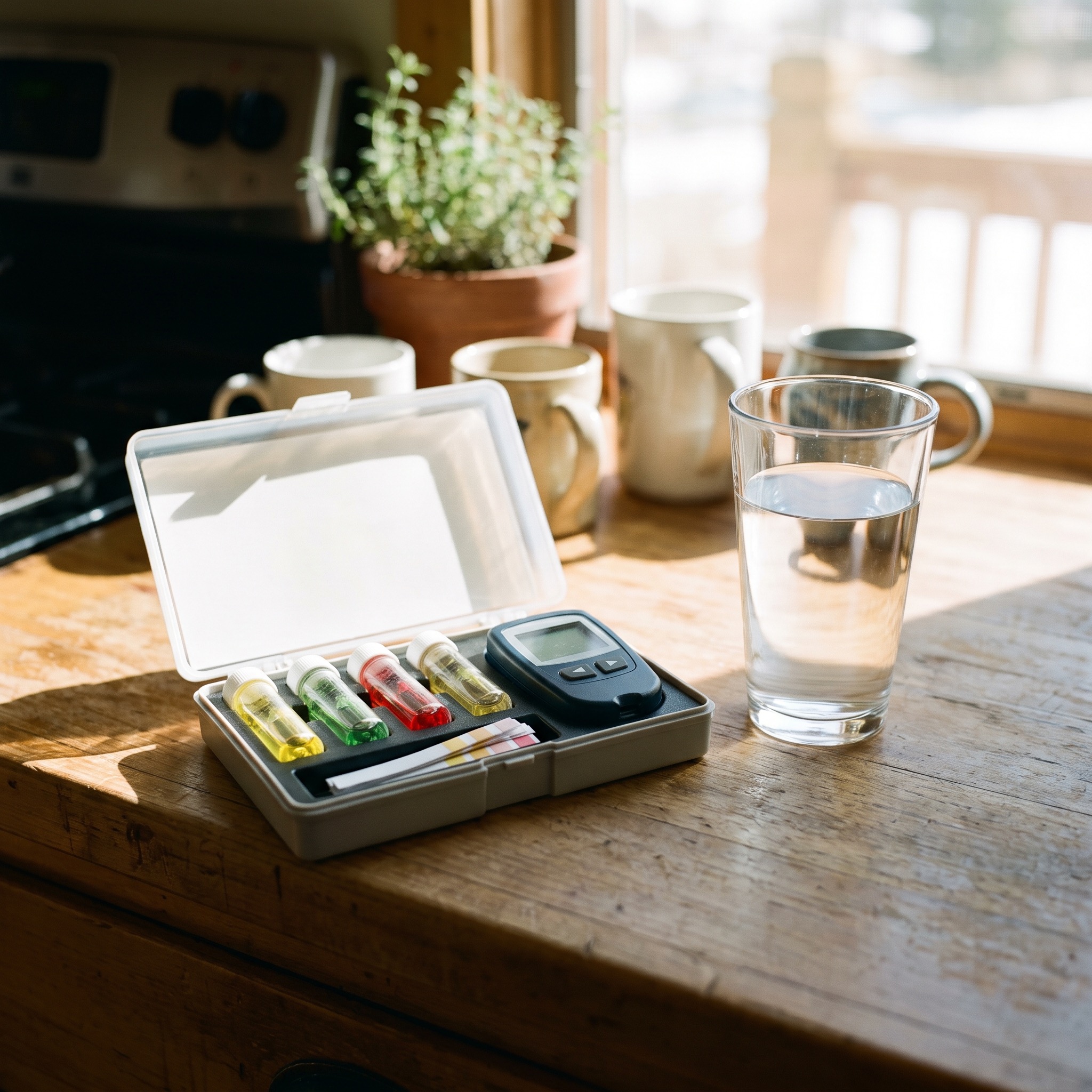 Water quality test kit with vials and a glass of clear water on a Colorado kitchen counter