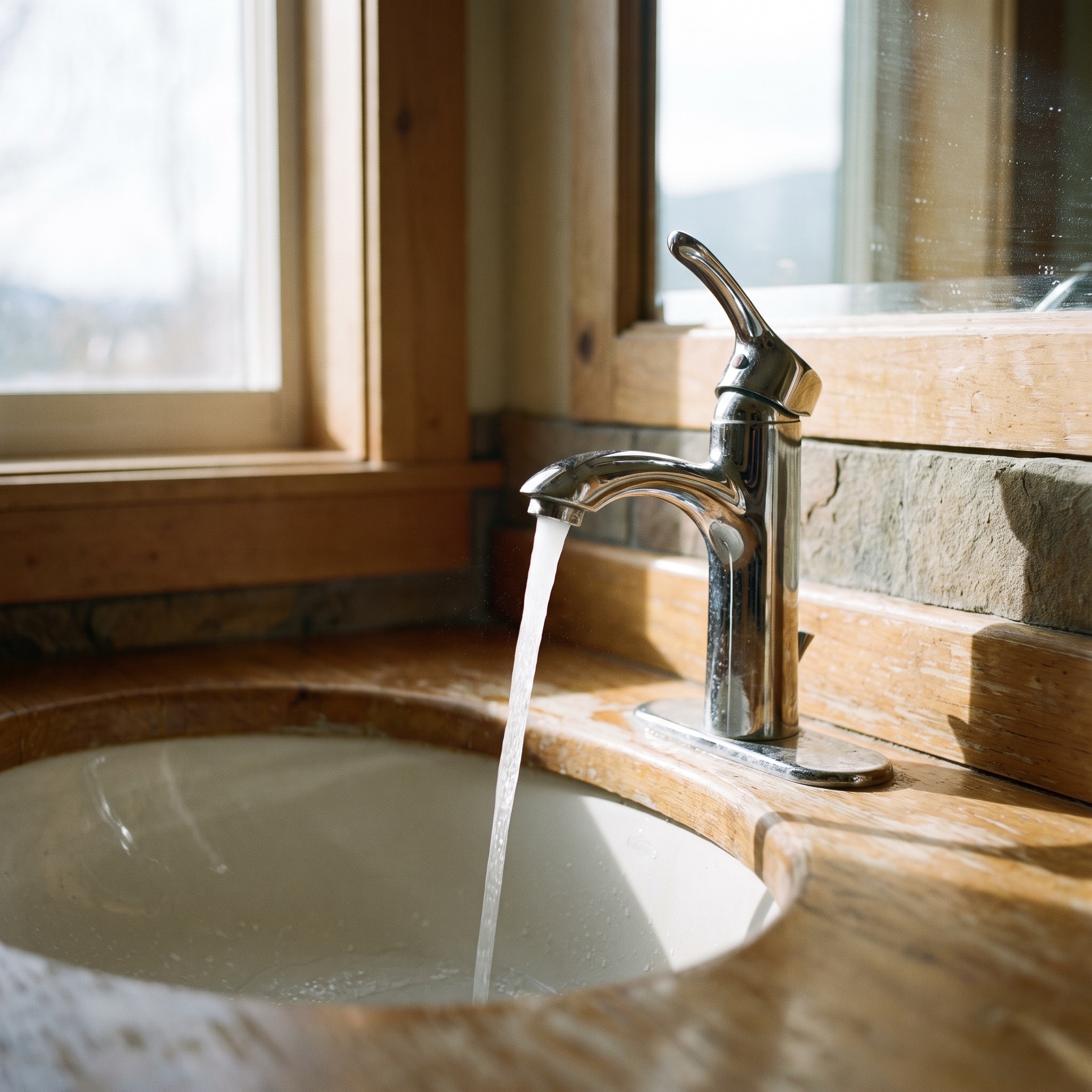 Clear water running from a chrome bathroom faucet in a Colorado home with no scale buildup