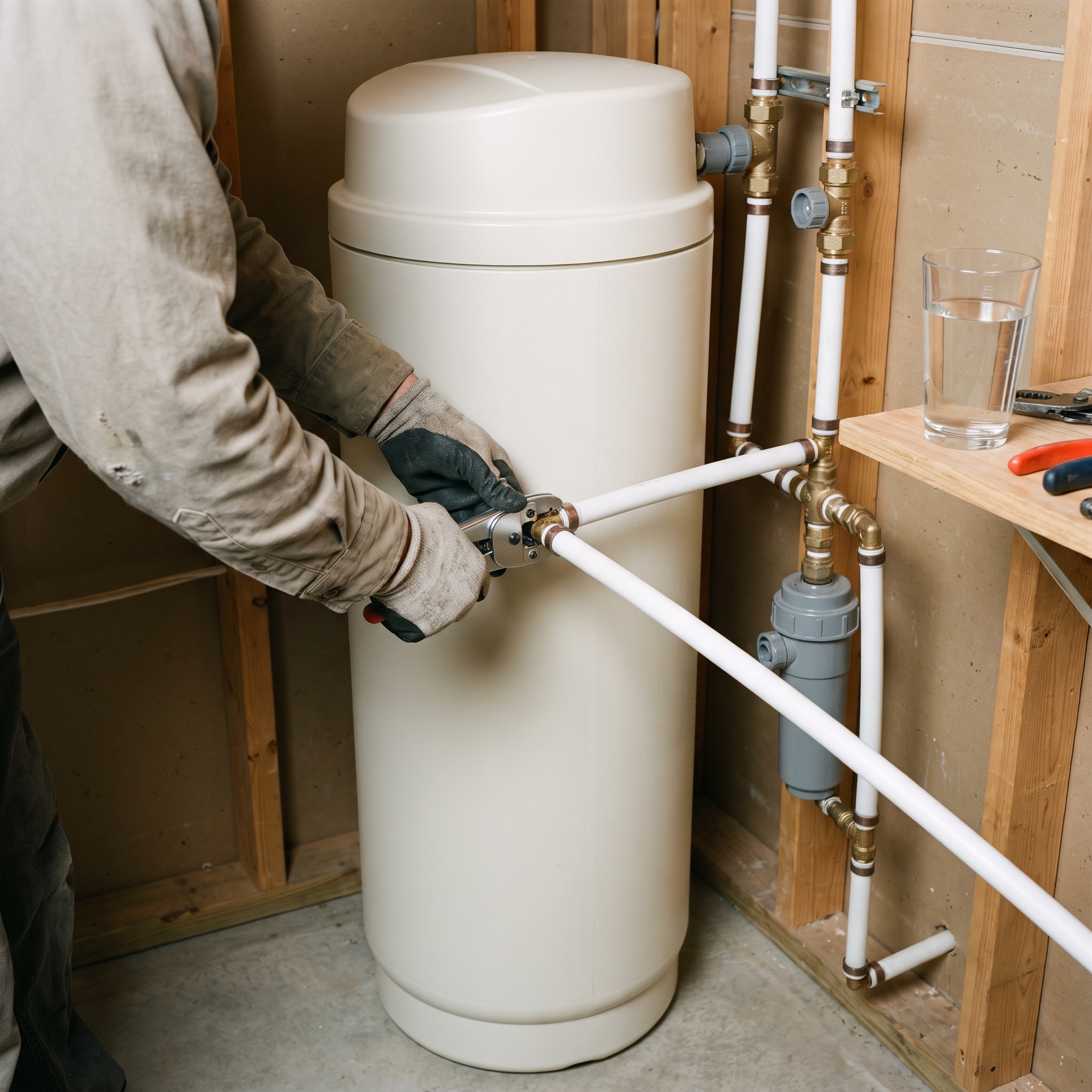 Water treatment technician installing a water softener system in a Colorado home