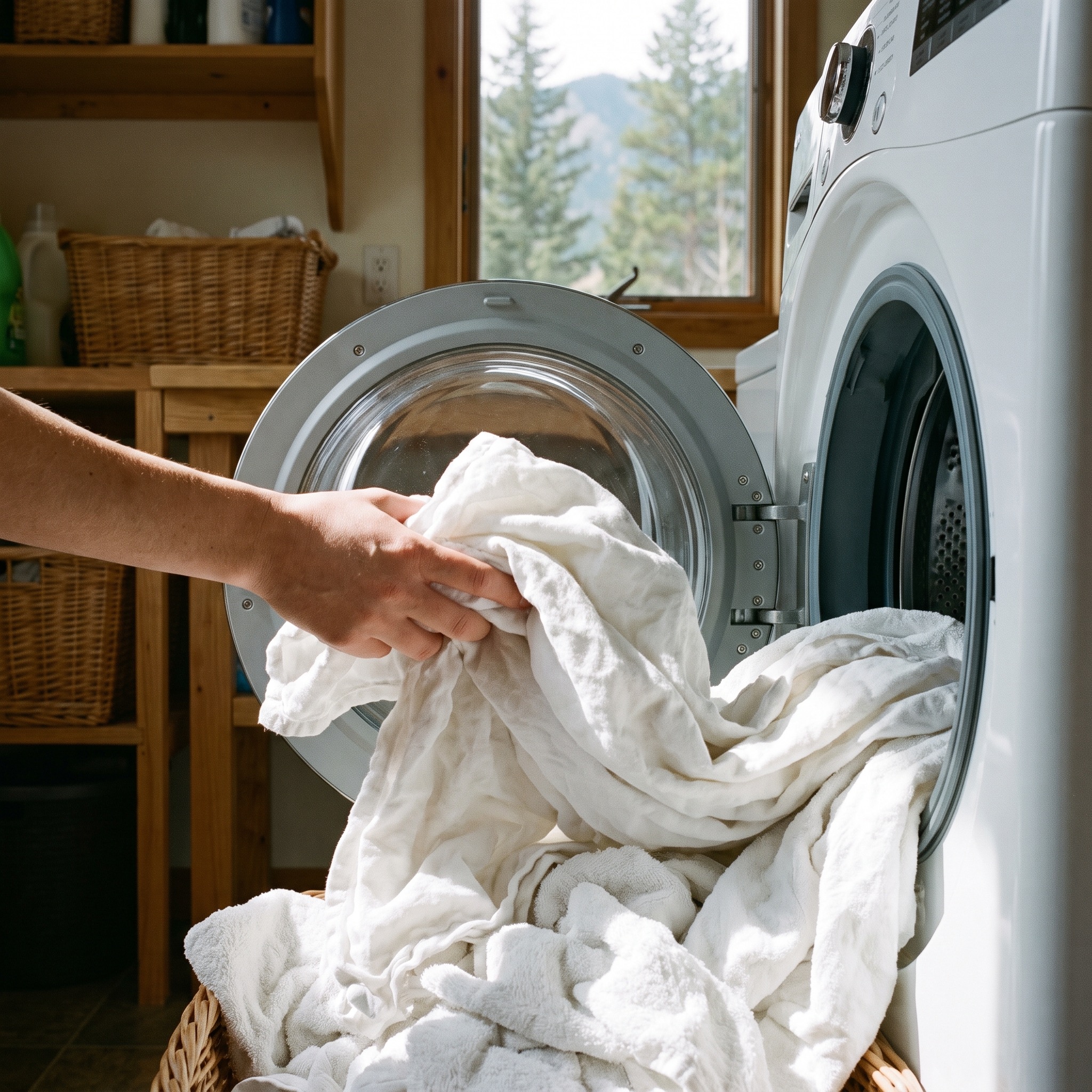 Fresh bright laundry being pulled from a washing machine — the result of soft water