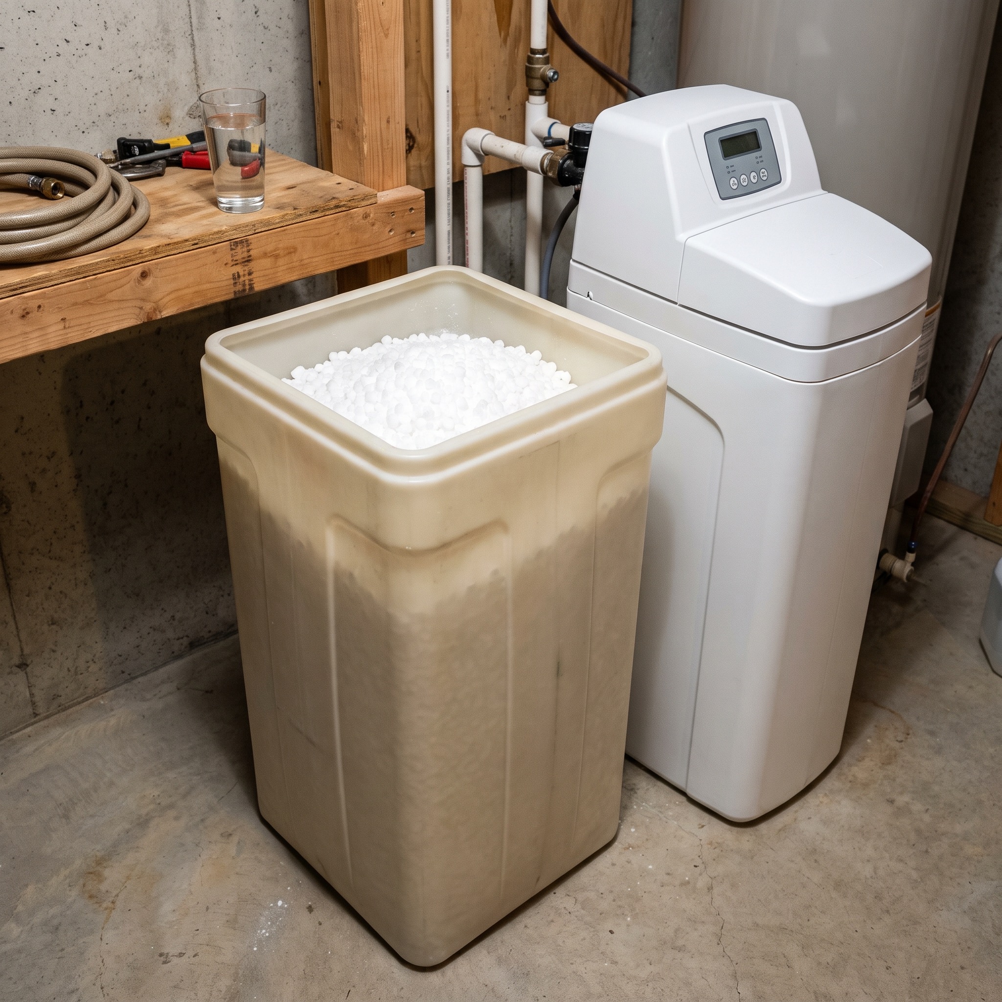 Water softener brine tank with salt pellets visible in a Colorado home basement