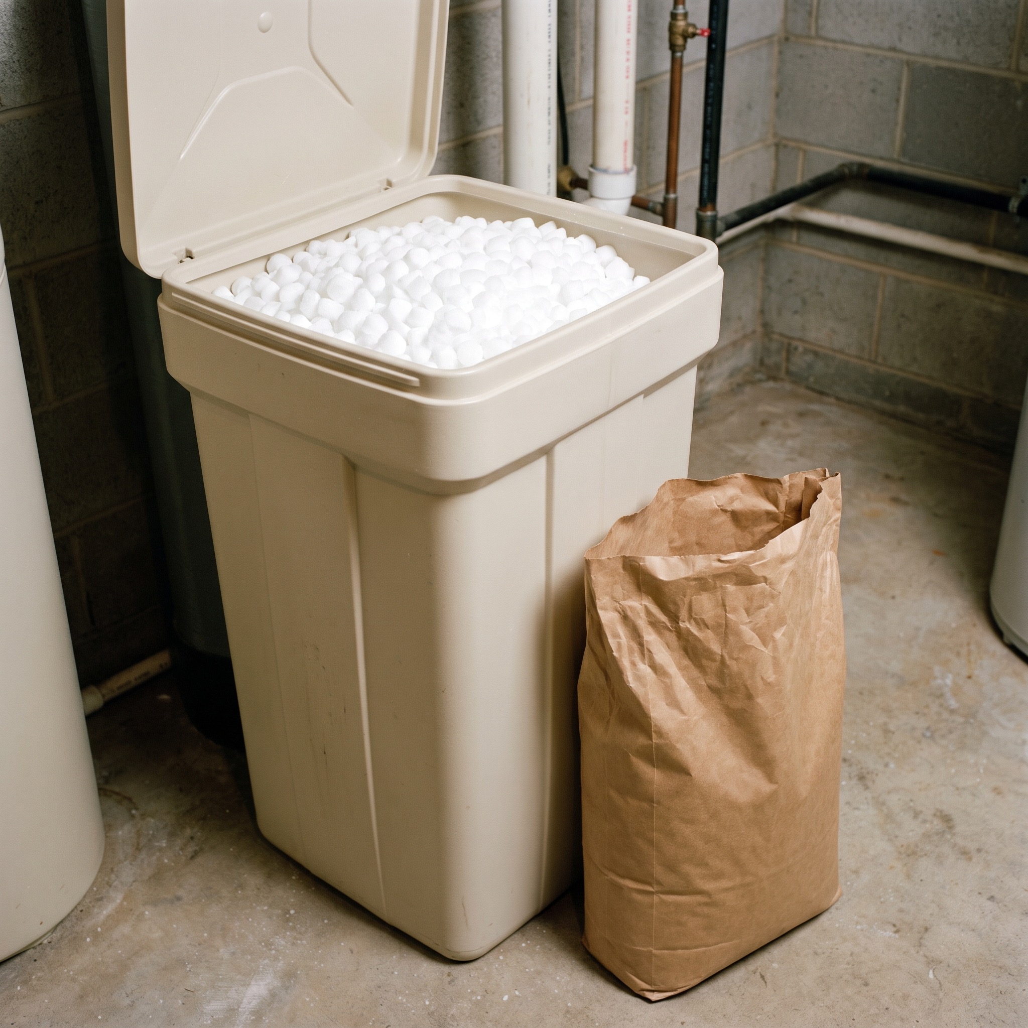 Water softener brine tank with salt pellets visible and a bag of salt beside it in a Colorado home basement