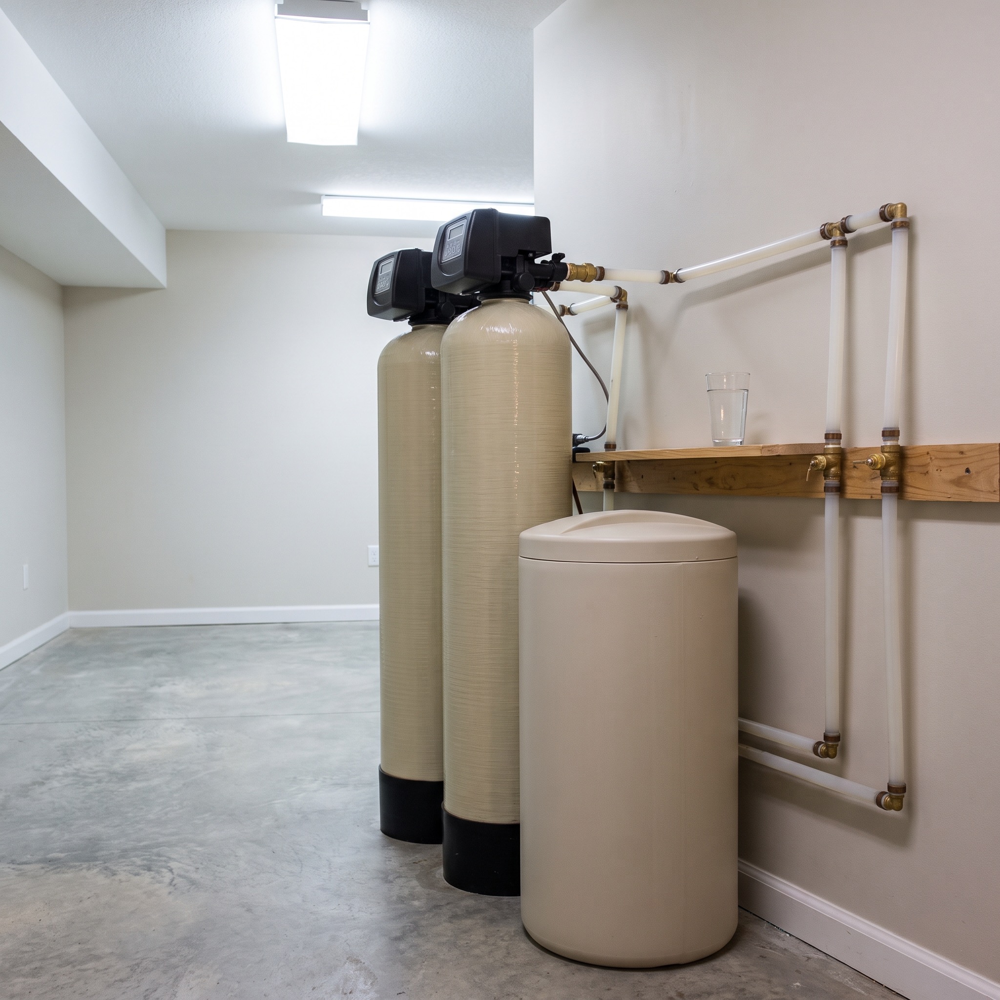 Water softener system installed in a Colorado home basement with a glass of clear water