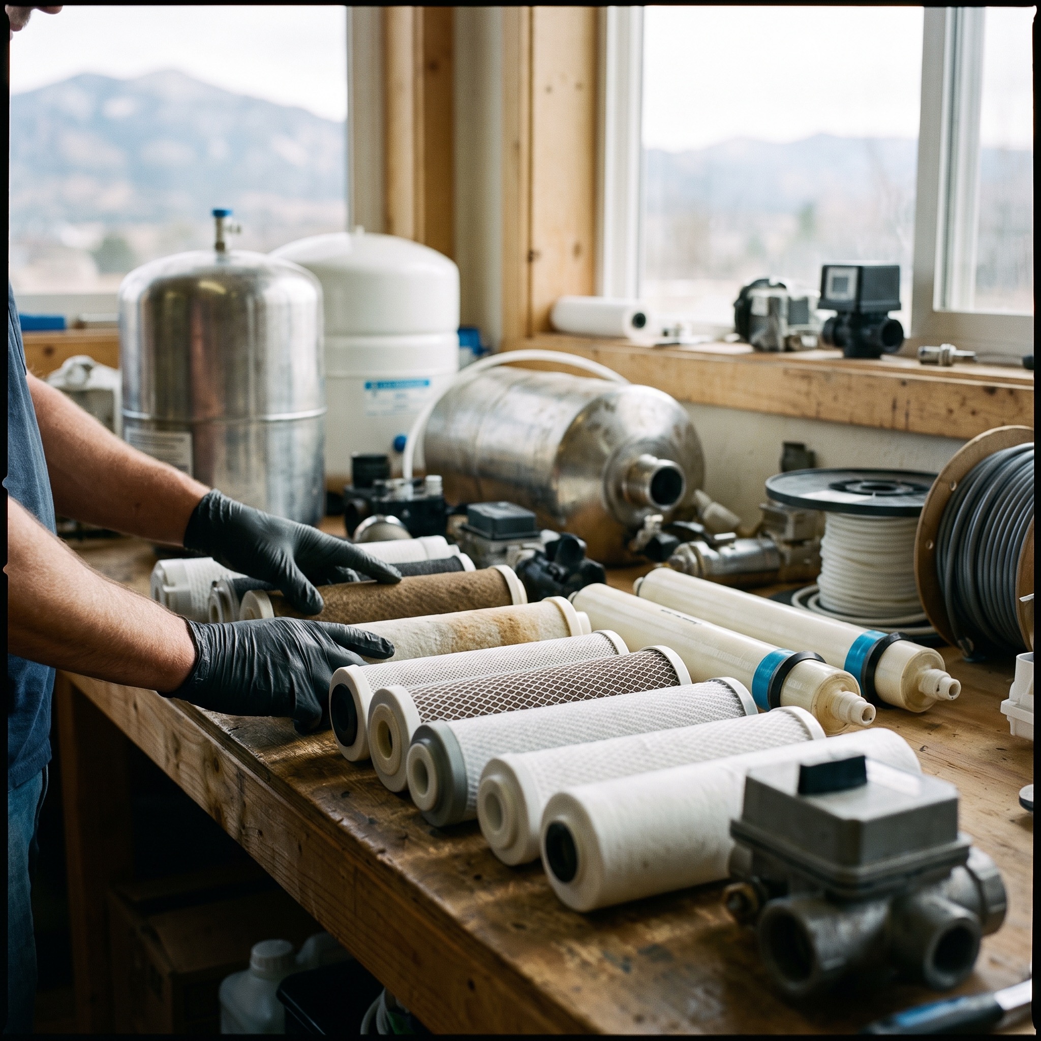Water Treatment Equipment Brands in Colorado Water treatment technician organizing equipment from multiple manufacturers in a Colorado shop