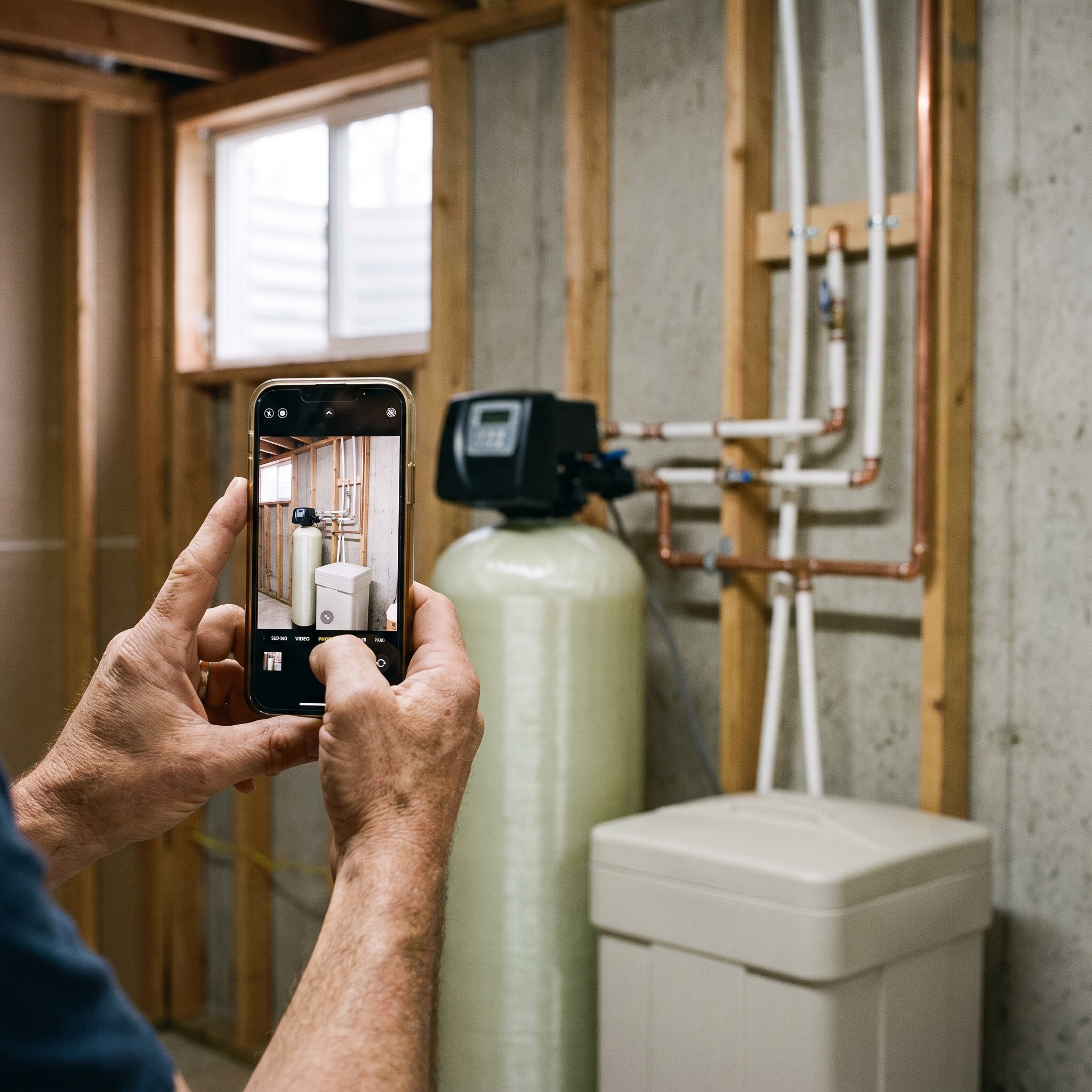 Water treatment installer photographing a completed water softener installation in a Colorado home