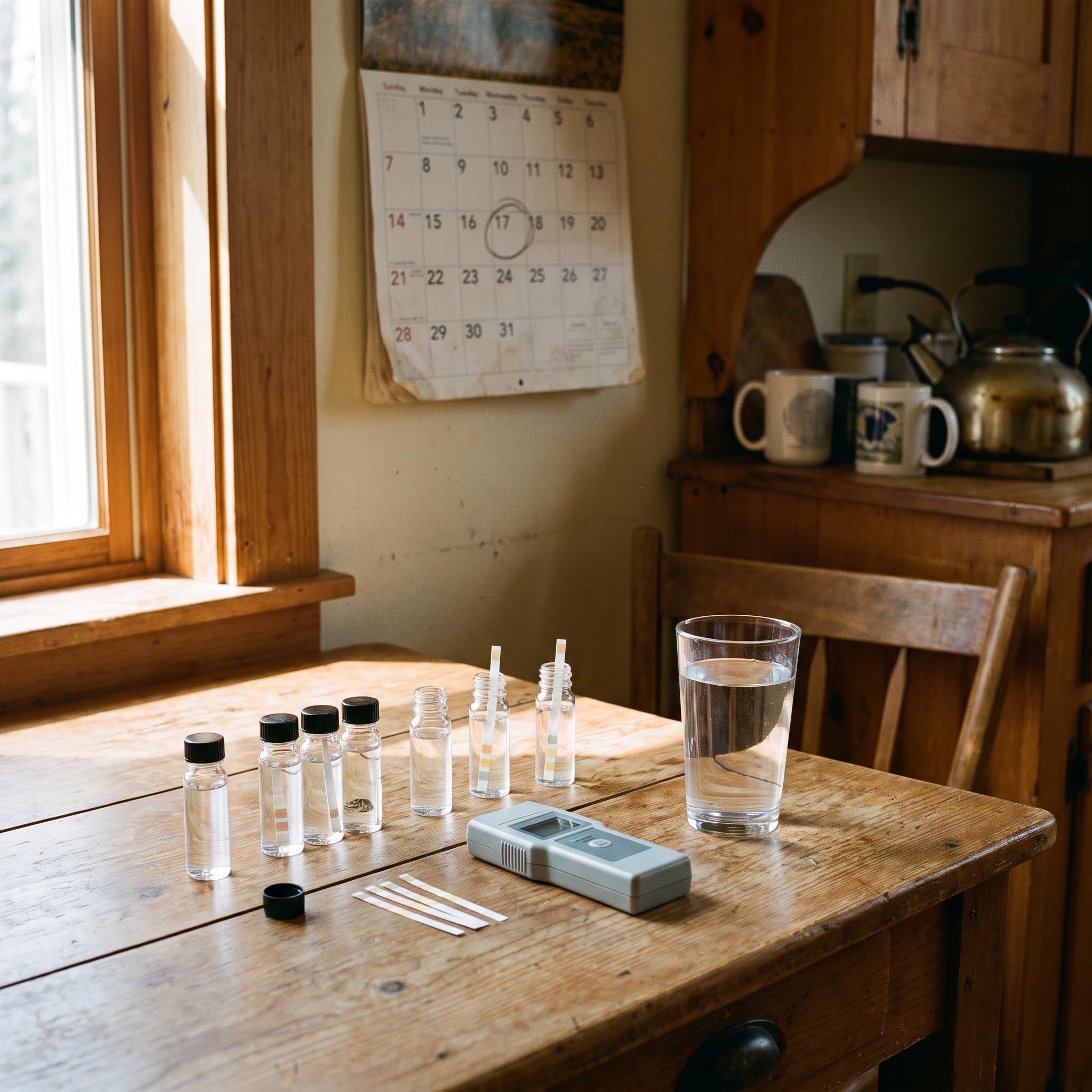Annual Well Water Testing in Colorado Well water testing kit with vials and a digital meter on a rustic kitchen table next to a calendar