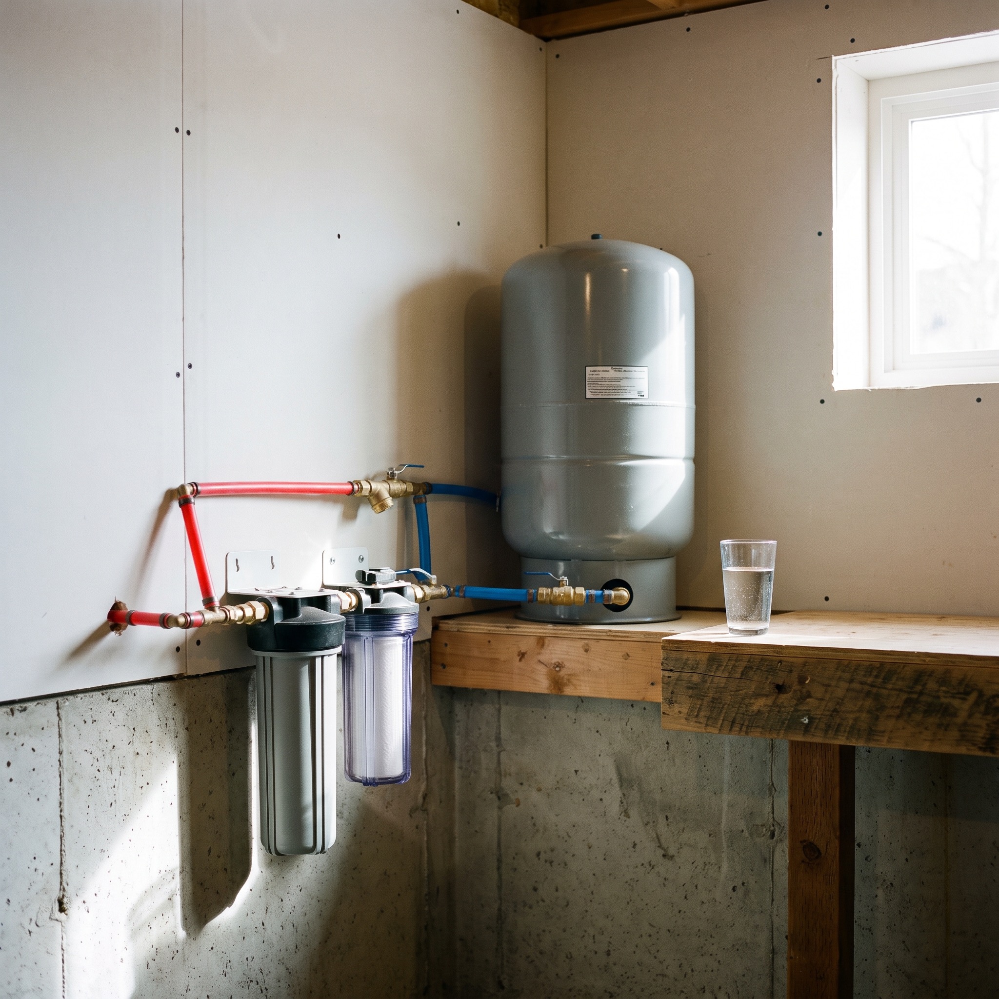 Well Water Treatment in Colorado Well water treatment system installed in a Colorado home basement with a glass of clear water