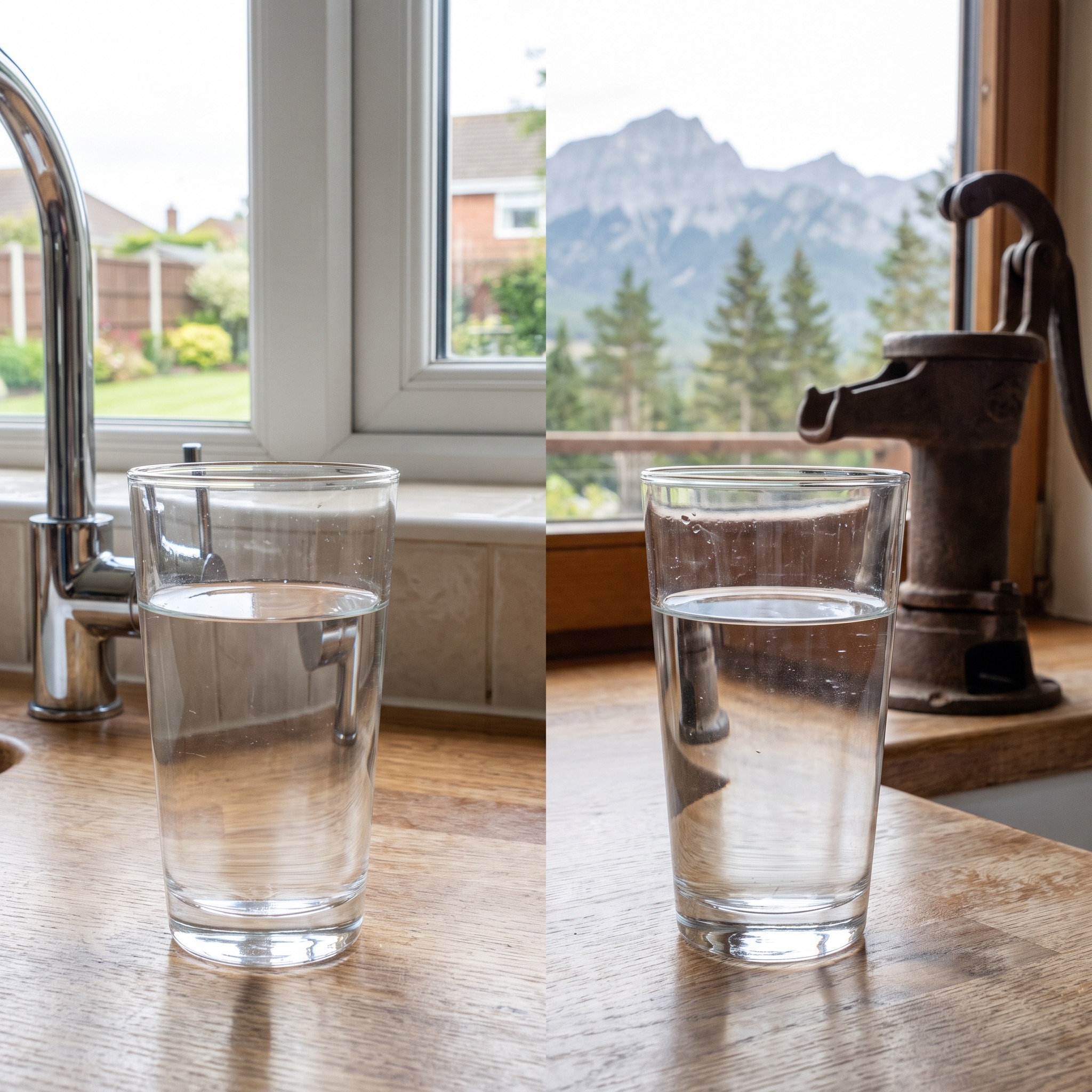Well Water vs City Water in Colorado Two glasses of water side by side — one from a kitchen tap, one from a rural Colorado well