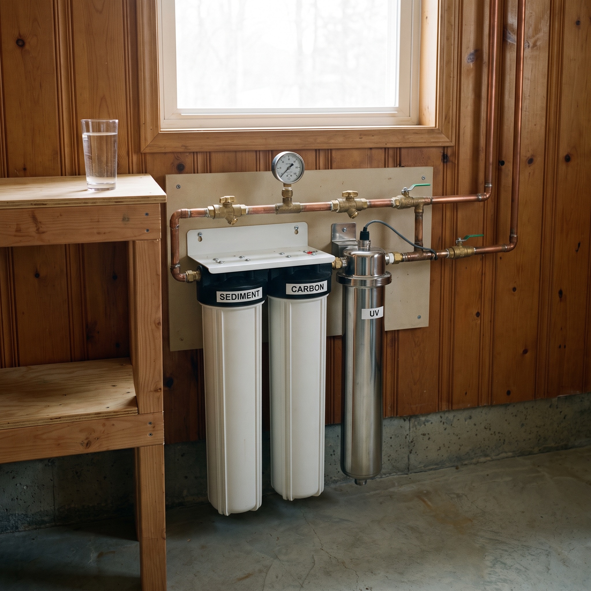 Clean multi-stage whole-house water filtration system in a Colorado home utility room
