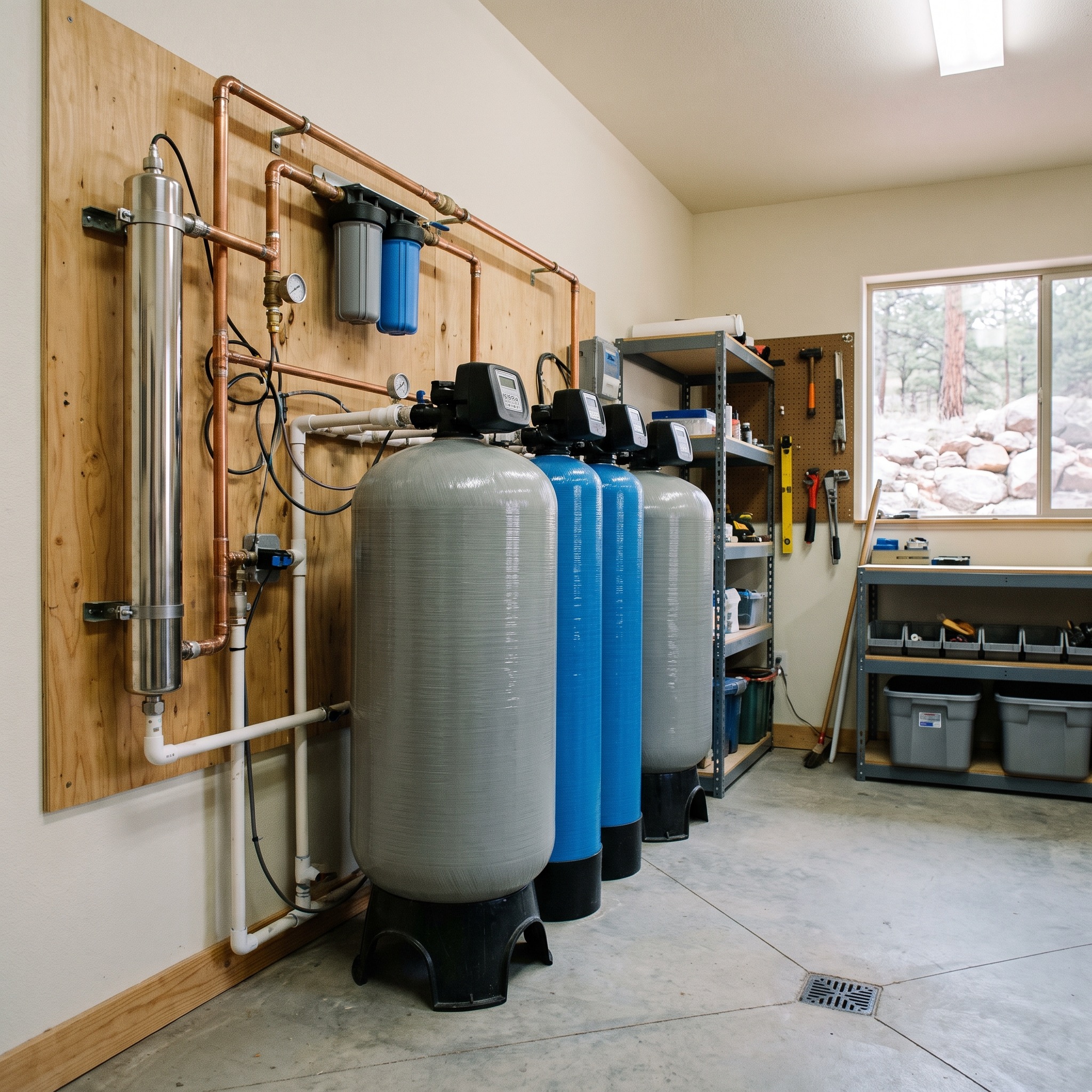 Multi-stage whole-house water filtration system installed in a Colorado home utility room
