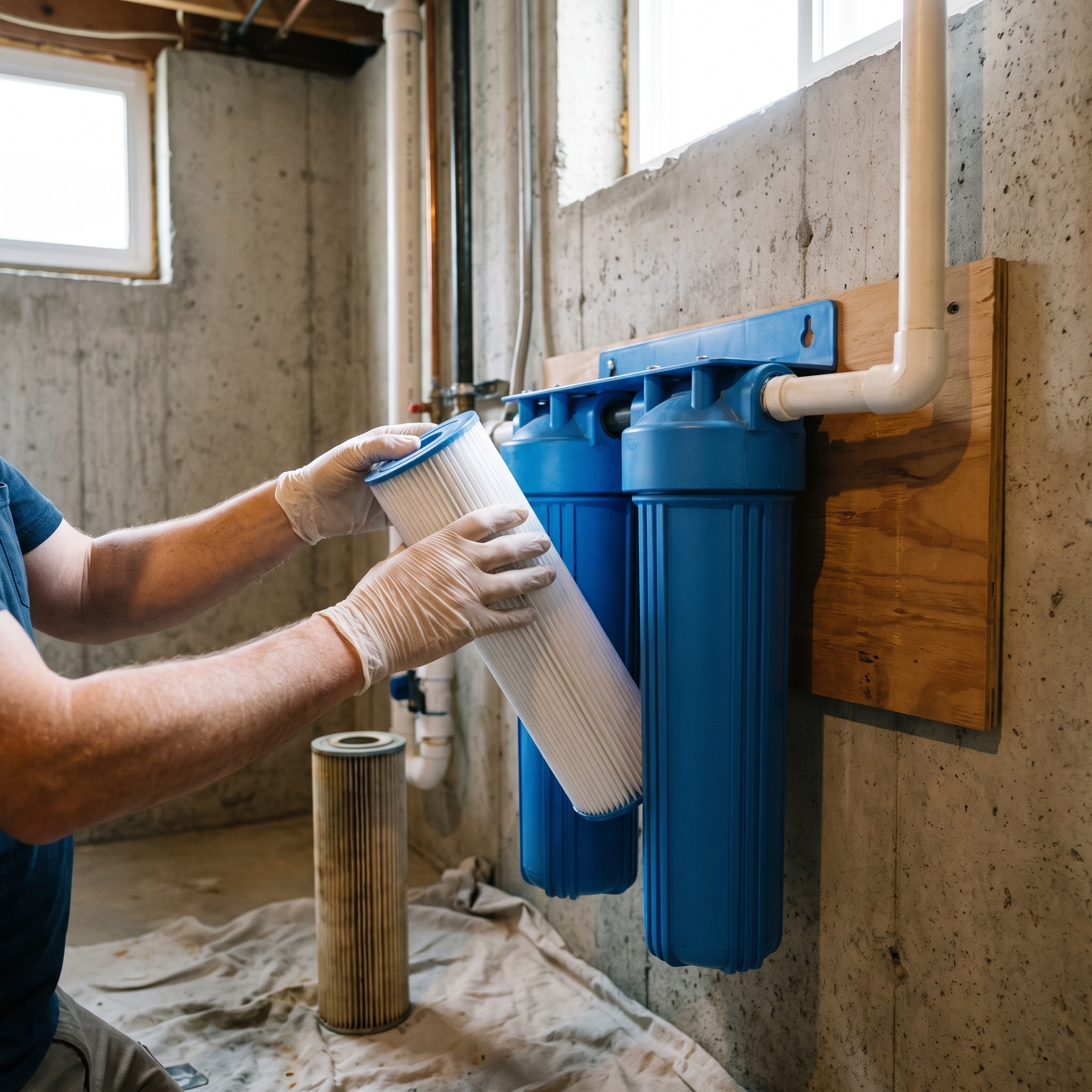 Water treatment technician replacing a whole-house filter cartridge in a Colorado home basement