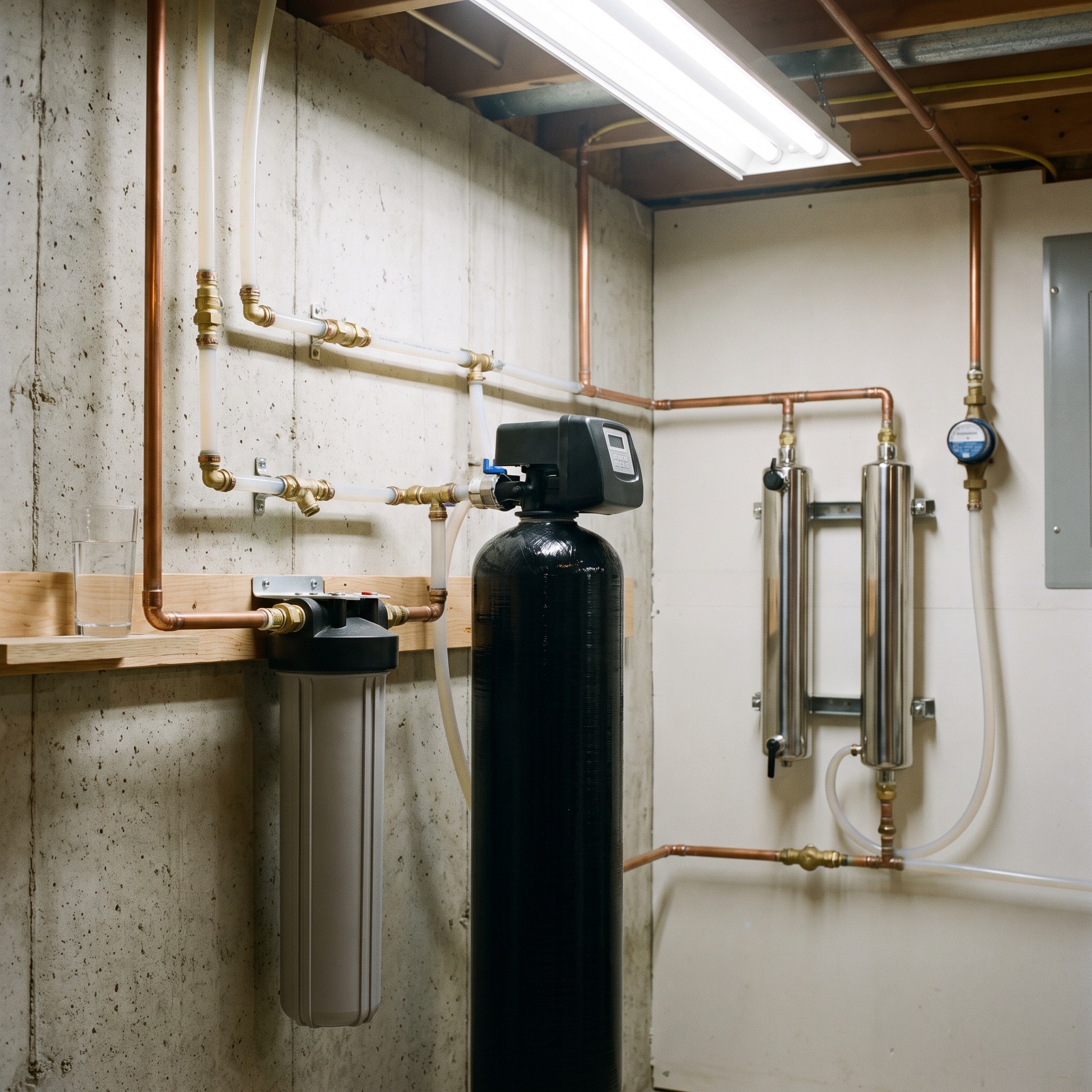 Whole-house water filter system installed at the point where the main water line enters a Colorado home basement
