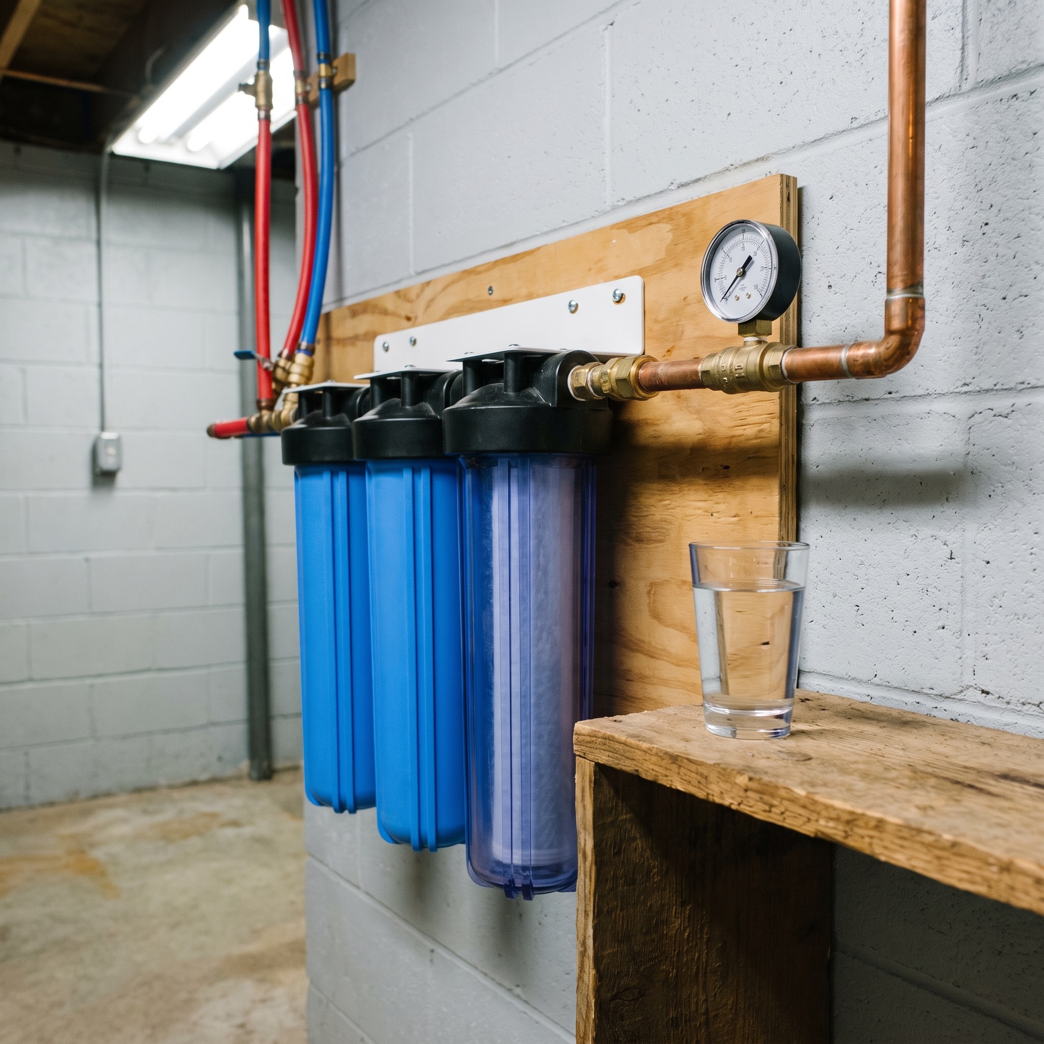 Whole house water filter system installed on the main water line in a Colorado home basement